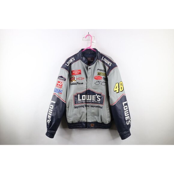 Vtg NASCAR Mens Large Distressed Leather Jimmie Johnson Pit Crew Racing Jacket